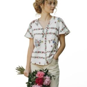 Handmade Vintage Spring Floral Embroidery Print‎ Tablecloth Short Slv Shirt